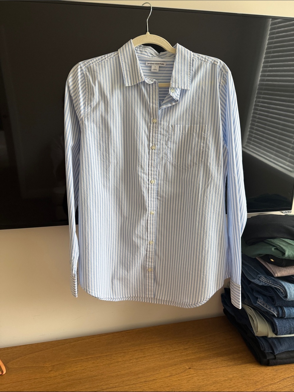 Amazon Men's Light Blue and White Pinstripe Dress Shirt